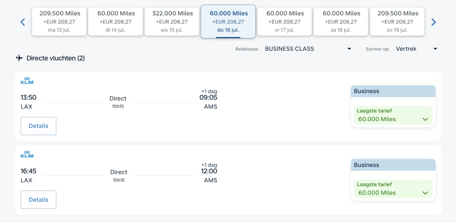 Voor 60.000 Flying Blue Miles LAX-AMS in Business Class