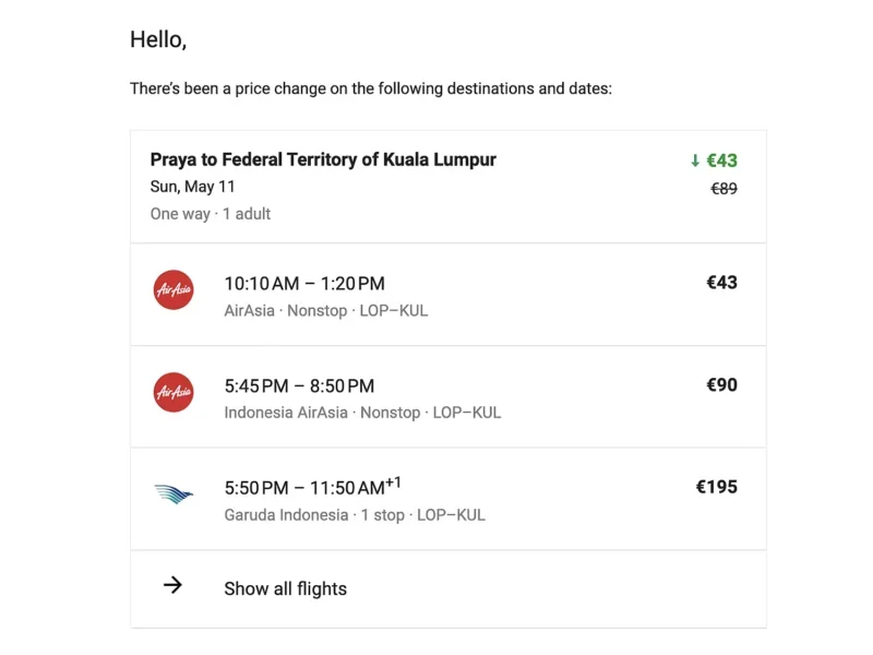 Google Flights Prijsalert