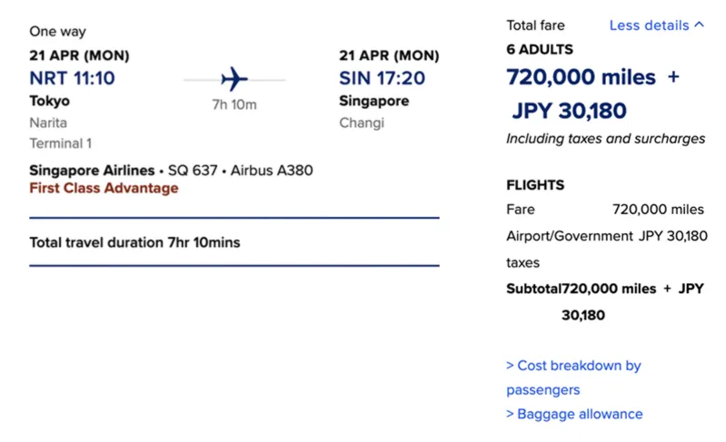 Krisflyer First class Award ticket naar Singapore