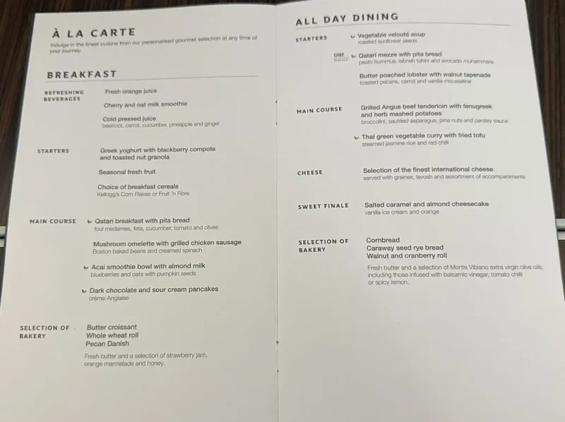 Qatar Airways menu