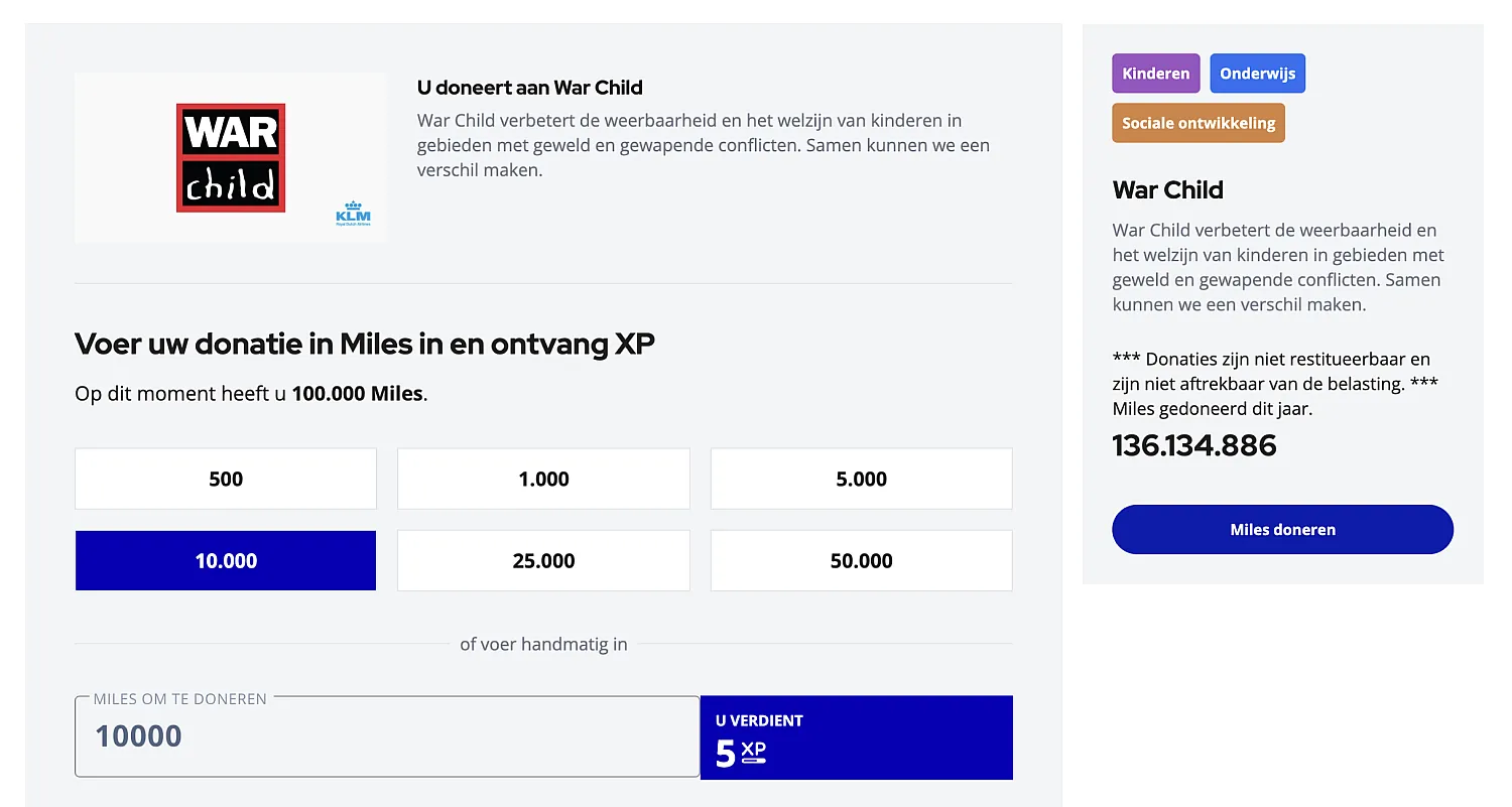 Flying Blue Miles doneren in ruil voor XP