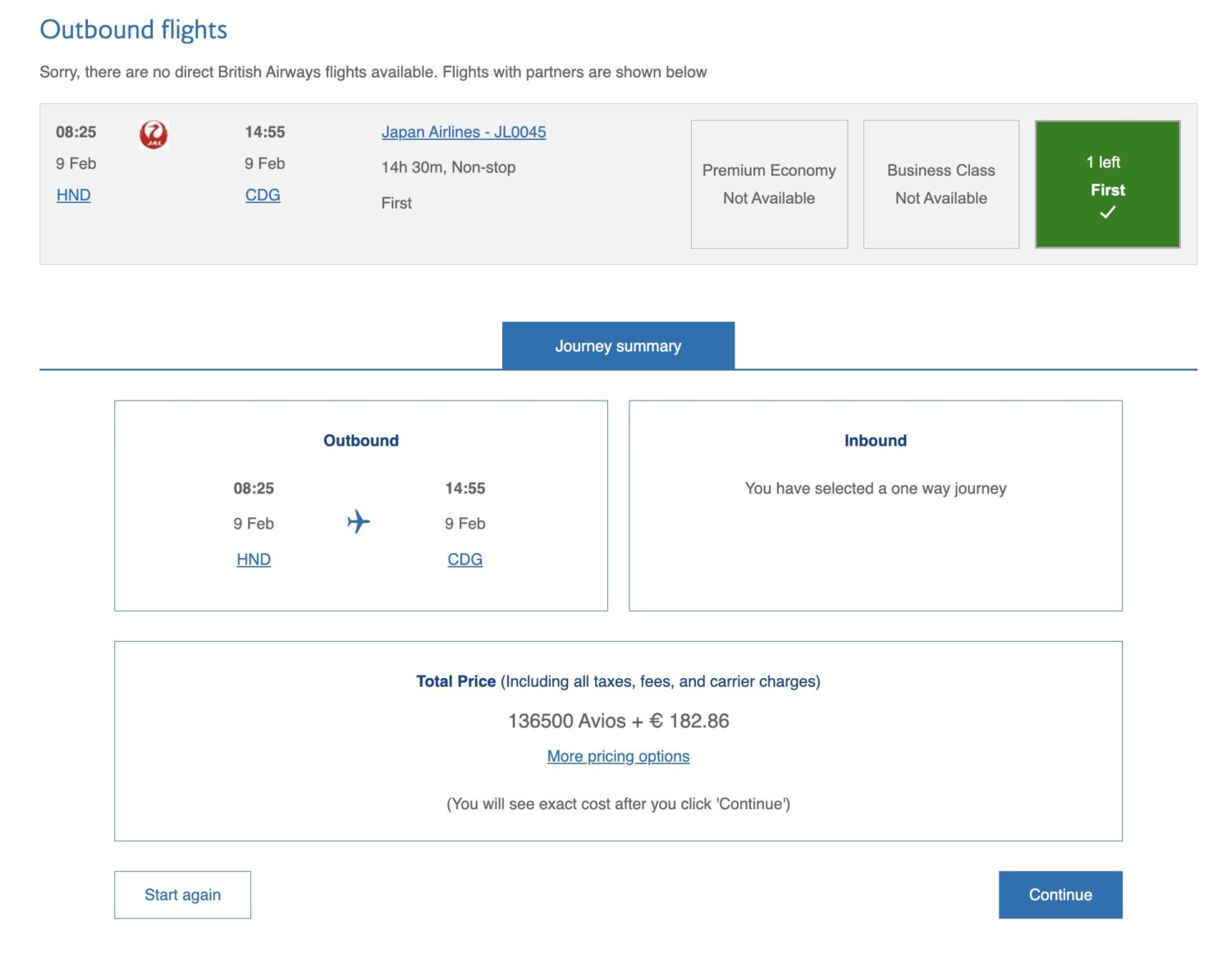 JAL First class beschikbaarheid